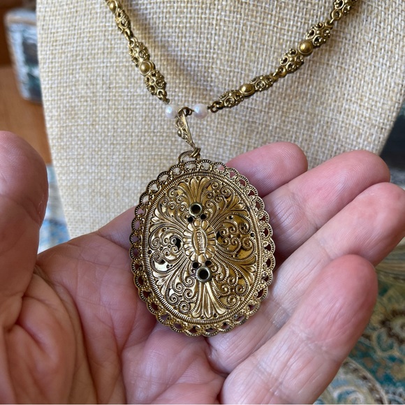 W Germany Necklace & Earrings ornate gilt tortoise color with tiny pearls - Picture 8 of 17